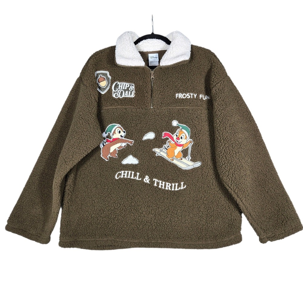 Disney Chip N Dale Sherpa Fleece Pullover Mens Large Brown Quarter Zip Graphic